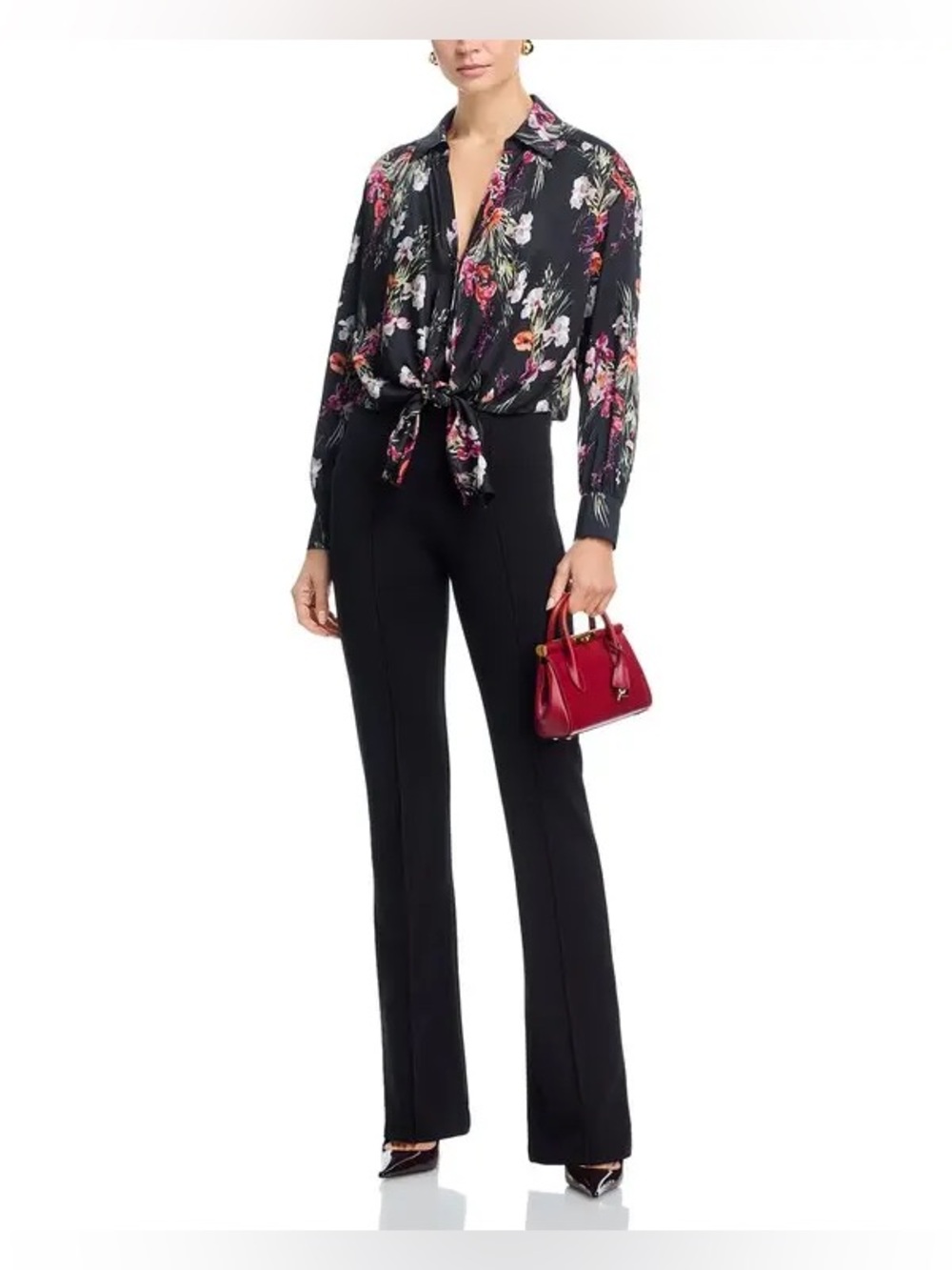 Cinq a Sept Iris Bouquet Mariann Blouse Womens Large Floral Print Tie Detail Hem